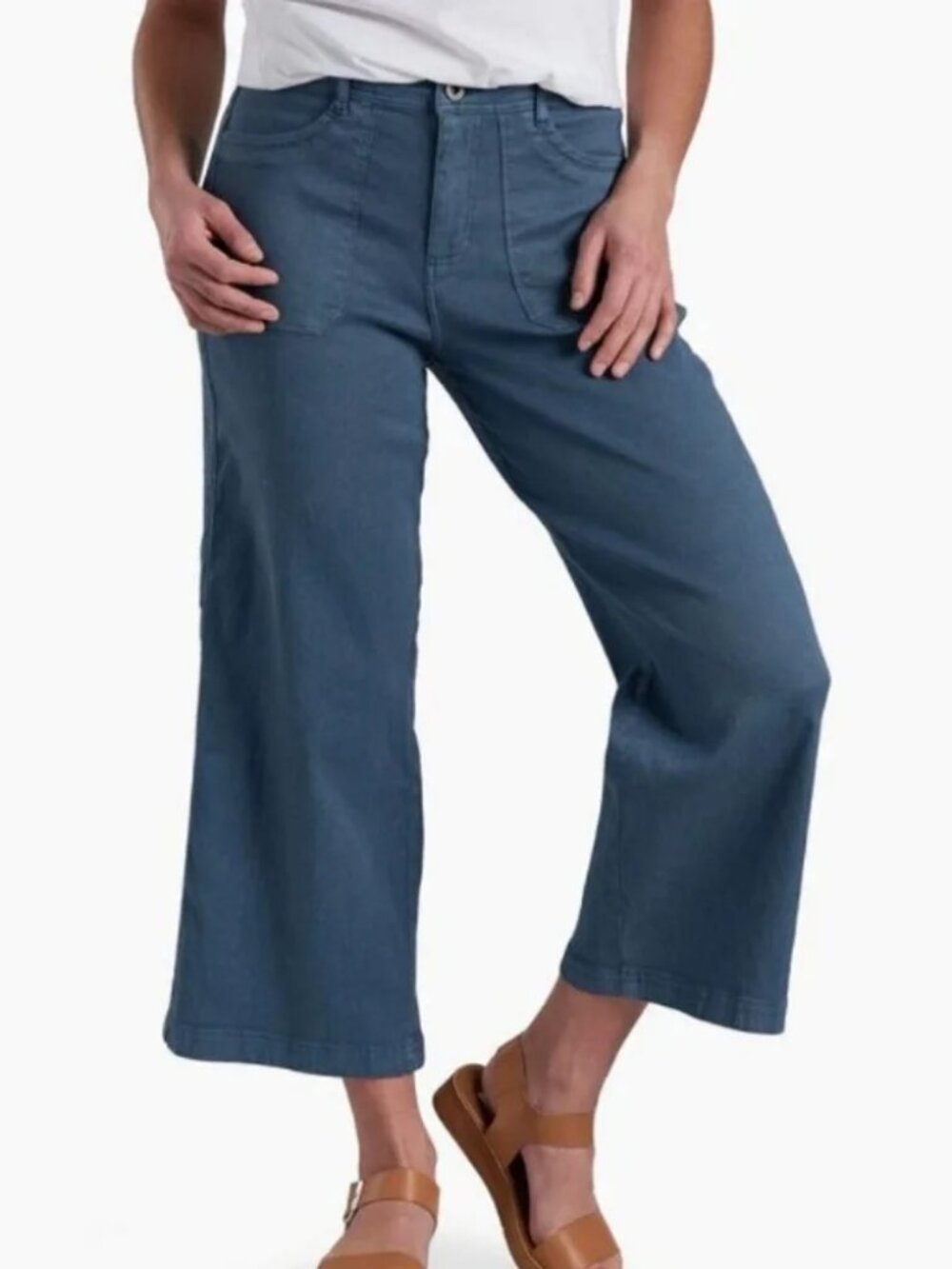 KUHL Seaboard Wide Leg Crop Pants Womens 12 Blue Linen Cuffed Twill Relaxed
